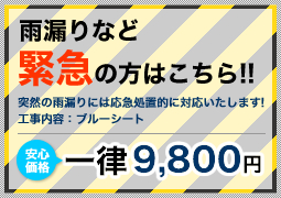 雨漏りなど緊急の方はこちら!!｜突然の雨漏りには応急処置的に対応いたします！工事内容：ブルーシート｜安心価格：一律9,800円